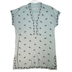 L Magnin Mint Green Leaf Print Tunic Dress Women's M Soft Modal Cotton Boho Chic